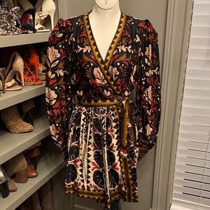 FARM RIO Floral Print Wrap Dress in Black and Mustard